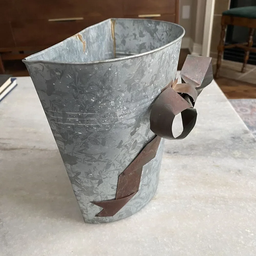 Galvanized Gray Metal Wall Pocket Vase Vintage Rustic Farm Hanging Planter Bow